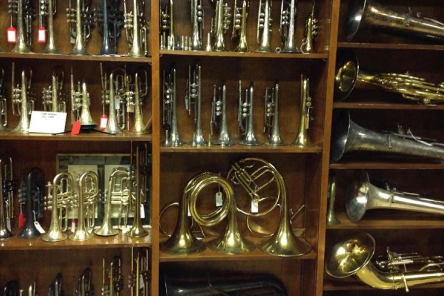 A collection of brass instruments